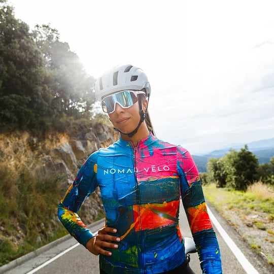 Cycling Artistic Orange Jersey – Long Sleeve Colorful Print Race Fit | Nomad Vélo